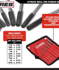 Nine Piece Roll Pin Punch Set Pro Grade With Durable Heat Treated Drop Forged Steel Pins And Nylon Pouch For Automotive Repair Gunsmithing Craft Work And Jewelry Repair displayed with case
