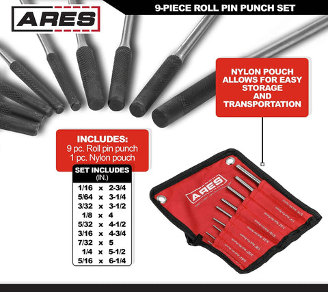 Nine Piece Roll Pin Punch Set Pro Grade With Durable Heat Treated Drop Forged Steel Pins And Nylon Pouch For Automotive Repair Gunsmithing Craft Work And Jewelry Repair displayed with case