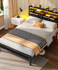 Kick Back With This Legit Sturdy Full Size Bed Frame Featuring A Modern Wooden Headboard And Dual Roomy Fabric Storage Drawers With Premium Quality Black Oak Build, showcasing the bed with decor and lighting.