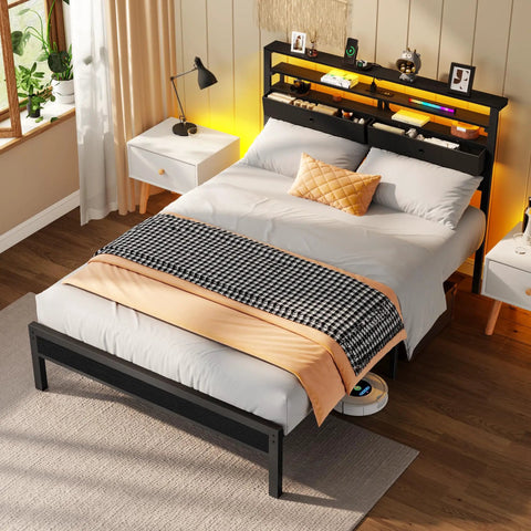 Kick Back With This Legit Sturdy Full Size Bed Frame Featuring A Modern Wooden Headboard And Dual Roomy Fabric Storage Drawers With Premium Quality Black Oak Build, showcasing the bed with decor and lighting.