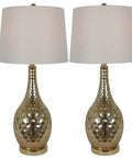 Set of 2 Fletcher Glass Genie Table Lamps in Ombra Gold Mercury Glass With White Lamp Shades, Honeycomb Faceted Glass and Metal Base