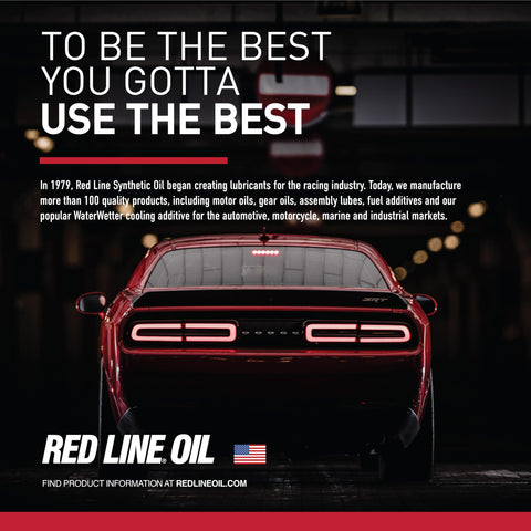 Red Line Oil poster with rear view of red Dodge car and text, featuring Full Synthetic D6 ATF For Automatic Transmissions With High Temp Stability And Low Oxidation Keeps Your Trans Shifting Smooth And Clutches Happy Maintains Viscosity And OEM Friction Characteristics One Quart.