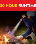 Person using 3 Pack LED Flashlights For Emergencies And Camping Gear by campfire, highlighting 30-hour runtime