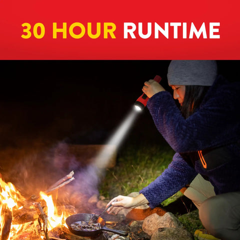 Person using 3 Pack LED Flashlights For Emergencies And Camping Gear by campfire, highlighting 30-hour runtime
