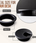 Desk Grommet 2 Inch Cable Hole Cover Pack Of 5 Black ABS Plastic Wire Management dimensions and side view.