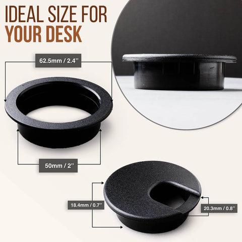 Desk Grommet 2 Inch Cable Hole Cover Pack Of 5 Black ABS Plastic Wire Management dimensions and side view.
