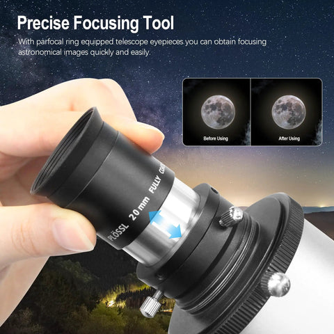 1.25 Inch Parfocal Eyepiece Rings Set of Three For Rapid Focus Switching attached to telescope, showing precise focus capability.