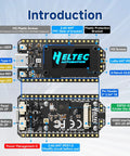 All-In-One ESP32 LoRa V4 Development Board with SX1262 Module and 0.96 Inch OLED Display highlighting components and ports.