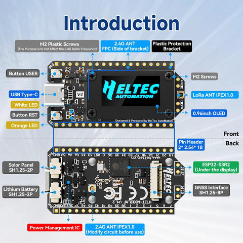 All-In-One ESP32 LoRa V4 Development Board with SX1262 Module and 0.96 Inch OLED Display highlighting components and ports.