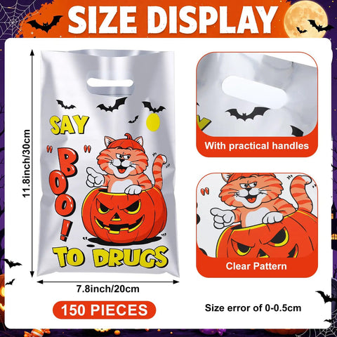 Say Boo To Drugs Halloween Reflective Gift Bags 150 Pack with cat and pumpkin design, size 11.8x7.87 inches.