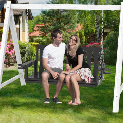All Weather Outdoor Hanging Porch Swing For Two Seats With Cup Holders Durable Plastic Patio Swing Bench With Chains For Courtyard And Garden Weatherproof And Low Maintenance For Backyards in garden setting