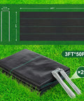 Heavy Duty 3.2oz Weed Barrier Landscape Fabric 3FT X 50FT Ground Cover set with 20 U-Shaped Stakes displayed on grass