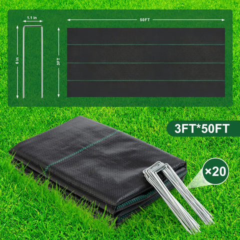 Heavy Duty 3.2oz Weed Barrier Landscape Fabric 3FT X 50FT Ground Cover set with 20 U-Shaped Stakes displayed on grass