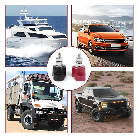 Heavy Duty Double Post Battery Junction Block Featuring Single Stud 12 Volt Power Distribution Bus Bar with vehicles and a boat.