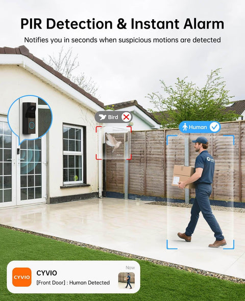 Wireless Doorbell Cam With Base Station, 5MP Super HD Door Cam detecting bird and human with PIR detection in front yard.