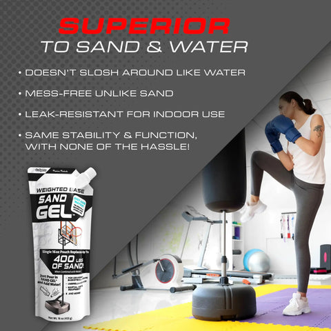 Boxing woman next to Sand Gel Weighted Base Filler For Indoor And Outdoor Basketball Hoops And Umbrella Bases Just Add Water 16 Oz