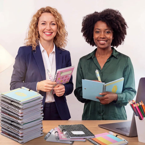 Smiling teachers with Pastel Back To School Gift Set With 12 Spiral Notebooks And 24 Ballpoint Pens For Teachers And Students Crayon Love Pattern