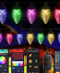 Smart RGB C9 LED Christmas Lights 66ft Music Sync With App Control Colorful diamond bulbs and app interface display