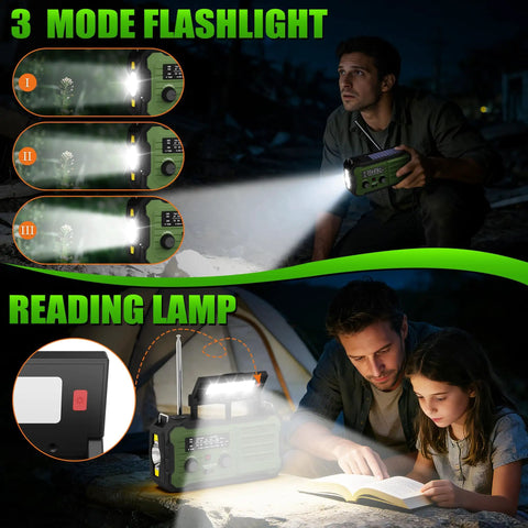 Emergency Hand Crank Solar Radio With 10000mAh Battery And 37000mWh Power Bank, NOAA AM FM Weather Radio, flashlight and lamp modes