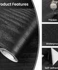 Close-up of Black Wood Grain Peel And Stick Wallpaper DIY Friendly 23.6 Inch By 118 Inch Self Adhesive Vinyl Contact Paper features.