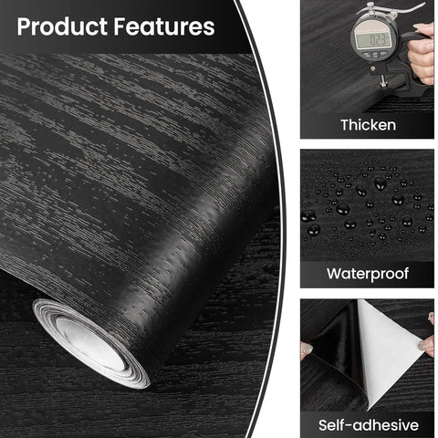 Close-up of Black Wood Grain Peel And Stick Wallpaper DIY Friendly 23.6 Inch By 118 Inch Self Adhesive Vinyl Contact Paper features.