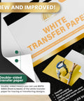 Graphite Transfer Paper Set For Artists And DIYers, 20 white sheets, wax free, shown with design example and product packaging.