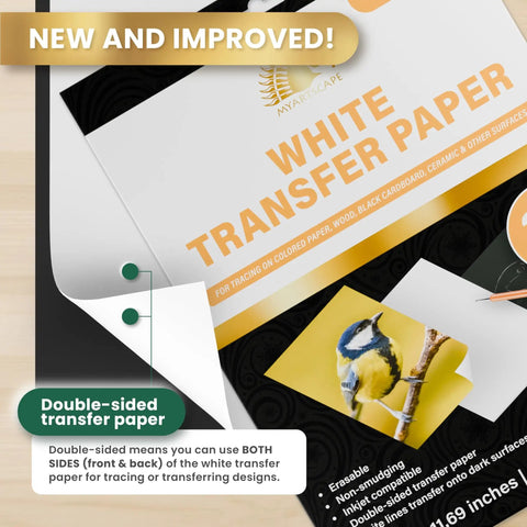 Graphite Transfer Paper Set For Artists And DIYers, 20 white sheets, wax free, shown with design example and product packaging.
