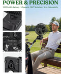 8 Inch Magnetic Clip On Fan For Golf Cart With 12000mAh Battery, Portable Fan With 5 Speeds And LED Lantern, shown mounted on a golf cart