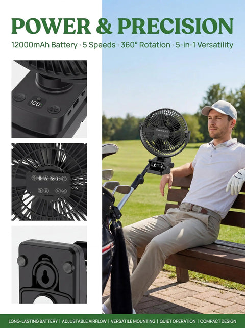8 Inch Magnetic Clip On Fan For Golf Cart With 12000mAh Battery, Portable Fan With 5 Speeds And LED Lantern, shown mounted on a golf cart