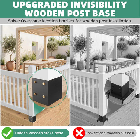Heavy Duty 4x4 Post Base Uses Concealed Fasteners And Hidden Bolts For Secure Outdoor Deck Railings shown alongside conventional post bases.