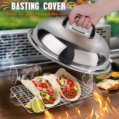 Hand holding melting dome over tacos on grill with cooling rack, part of 33Piece Griddle Accessories Kit For Blackstone Flat Top Grill