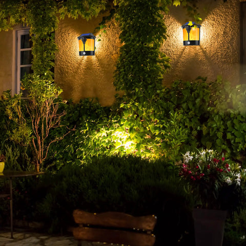 Garden view with 2 In 1 Solar Wall Lights Outdoor Pack Of 2 With Motion Sensor Flickering Flame And White Light Modes Waterproof Sconce
