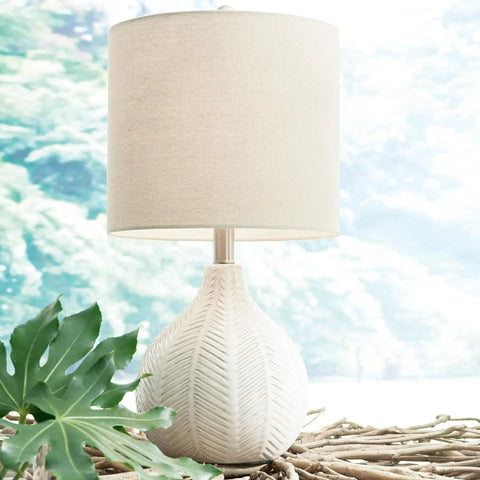 Casual Ceramic Table Lamp With Herringbone Texture And Transparent White Glaze, Drum Hardback Fabric Shade, Off White Finish