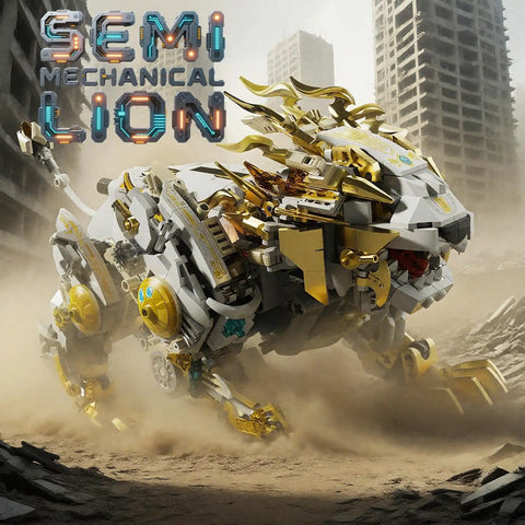 Golden Mechanical Lion Building Block Kit With Movable Limbs And Exposed Gears Futuristic Beast Model in urban background.