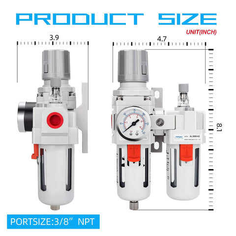 Front view of NANPU 3/8" NPT air filter-regulator-lubricator combo with gauge, poly bowls, two-unit setup