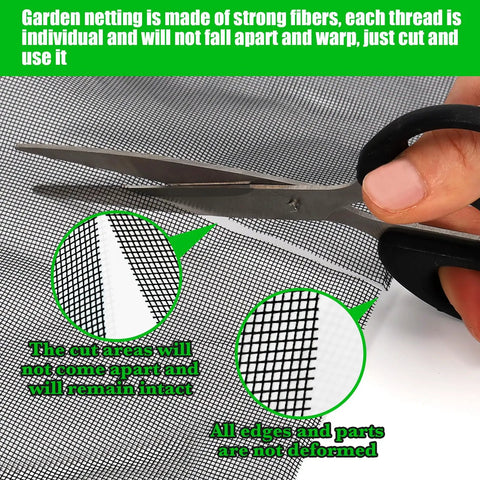 Close-up of scissors cutting Heavy Duty Garden Mesh Netting 9.8 X 16.4 Ft With Upgraded PPT Nano Material, showing tear resistance.