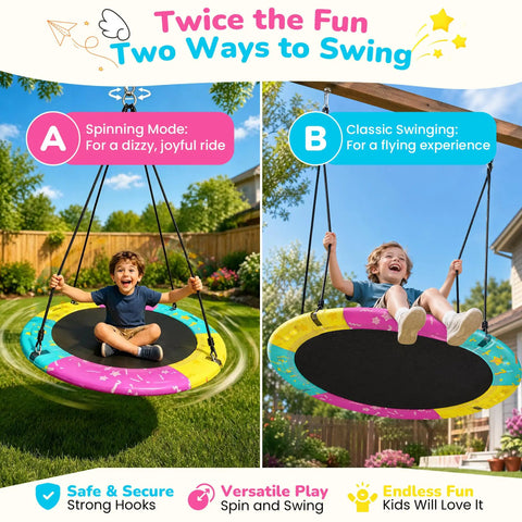 All Weather Saucer Swing For Kids And Grownups, 43 Or 48 Inch Backyard Or Playground Swing With Tree Hang Kit in use by children