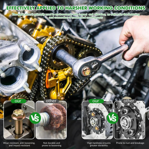 Mechanic using a wrench on an engine with grade 5 bolts and nuts from 568 Piece SAE Bolt and Nut Assortment Kit 1/4 5/16 3/8 1/2 Inch.