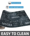 Coffee Bar Mat For Espresso Station Protects Countertops From Spills And Scratches With Absorbent Waterproof Washable Construction Sized 12 By 20 Inches USA Made Java Chalkboard Design showing Java chalkboard design and easy to clean label.