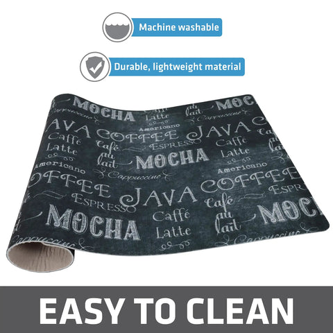 Coffee Bar Mat For Espresso Station Protects Countertops From Spills And Scratches With Absorbent Waterproof Washable Construction Sized 12 By 20 Inches USA Made Java Chalkboard Design showing Java chalkboard design and easy to clean label.