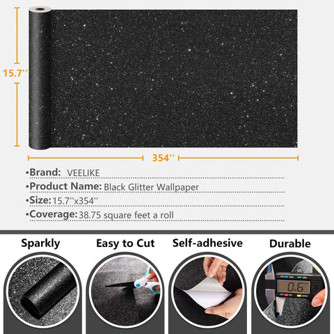 Black Glitter Peel And Stick Wallpaper Self Adhesive Vinyl Roll 15.7x354 Inches 38.75 Sq Ft with sparkly texture, easy to cut