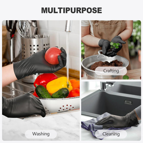 Black Vinyl Disposable Gloves Medium Size Latex Free And Powder Free Food Grade Gloves For Cleaning Cooking And Food Preparation Non Toxic And Allergy Safe 100 Count Ideal For Food Service And Home Kitchens Comfortable Fit For Sensitive Skin shown in multipurpose use including washing vegetables, crafting, and cleaning.