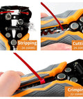 Close-up of 5 In 1 Self Adjusting Wire Stripper Kit With Automatic Wire Stripper For AWG 24 To 10 showing stripping, cutting, and crimping.