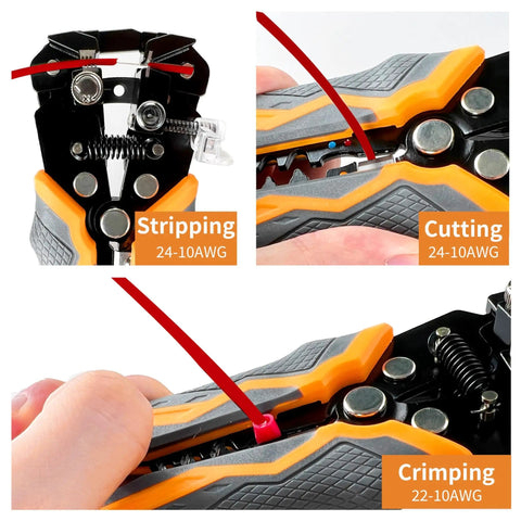 Close-up of 5 In 1 Self Adjusting Wire Stripper Kit With Automatic Wire Stripper For AWG 24 To 10 showing stripping, cutting, and crimping.
