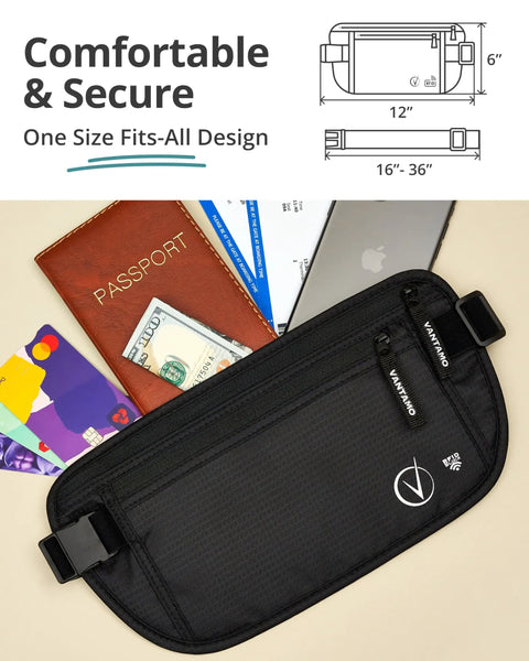 Ultra Slim RFID Money Belt With Hidden Passport Pocket For Travel, Two Compartment Anti Theft Fanny Pack With Passport and Cards
