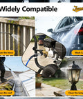 Collage showing uses of Built Tough Stainless Steel Pressure Washer Quick Connect Kit Four Pack M22 To Fourteen Millimeter Male