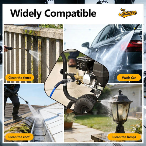 Collage showing uses of Built Tough Stainless Steel Pressure Washer Quick Connect Kit Four Pack M22 To Fourteen Millimeter Male