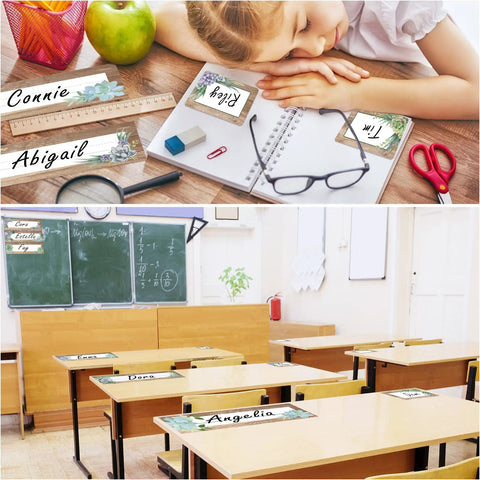 Student desk and classroom with 48 Pieces Rustic Bloom Name Tags Self Adhesive Labels With Succulent Theme For Desk Bulletin Boards And Classroom Decor Retro Farmhouse Vibe Perfect For Teachers Offices Schools And Baby Showers visible