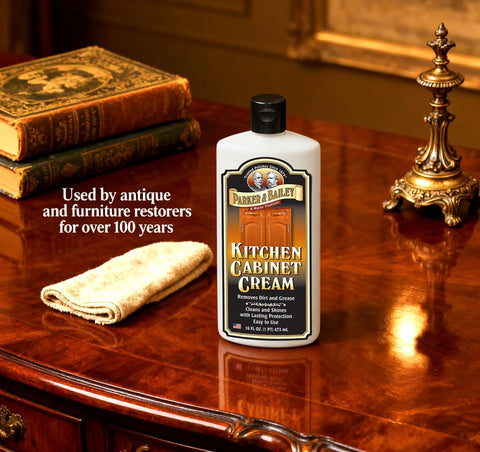 Kitchen Cabinet Creme Cleaner And Grease Remover For Wood Surfaces, No Fuss 16 Oz Restores Finish And Removes Grease Stains bottle on table