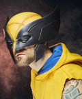 Legit Screen Accurate Wolverine Premium Roleplay Mask Featuring Authentic Movie Details And Officially Licensed Construction For Top Shelf Adult Collectibles And Zero Fuss Cosplay worn by a man, side view, showcasing helmet detail and yellow color.